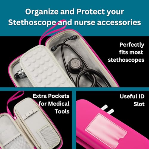 Stethoscope Case for 3M Littmann Classic III, Lightweight II S.E, MDF Acoustica - ID Slot and Pockets for Nursing Accessories - Hard Case Holder for Nurse - (Pink - Pu Leather) - color: Pink - Pu Leather