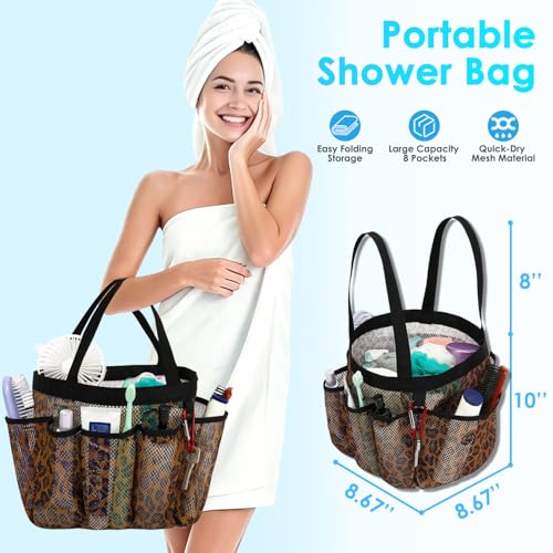 Fammart Mesh Shower Caddy Portable for College Dorm Room Essentials, 8-Pocket Large Shower Basket Tote Bag with 2 Handles for Toiletry, Bathroom, Beach, Camp, Gym - color: Multiple Pockets, 1 Pack - Leopard