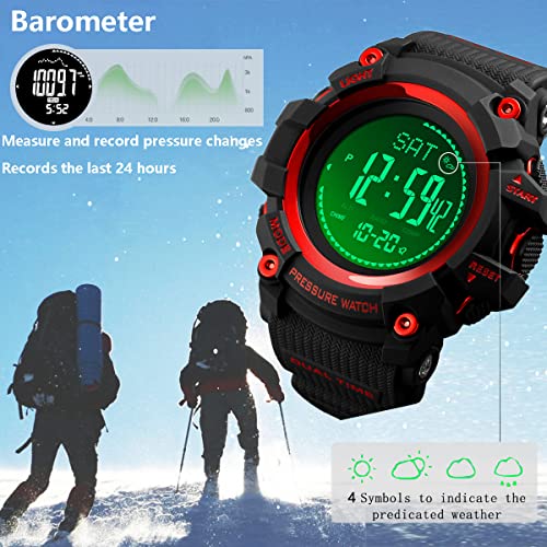 Watch Compass, Altimeter Barometer Thermometer Temperature, Pedometer, Military Army Waterproof Outdoors Sport Digital Watch for Men - color: Red