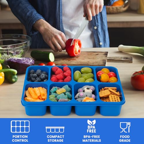 MaMix Snackle Box Container,Leak-Proof Snack Box 8 Compartment Divided Serving Tray with Lid, Dishwasher Safe Food Containers for Fruit Candy Snack Nuts Veggie Party (2 PACK) - color: BLUE+PINK
