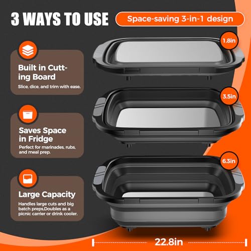 Collapsible BBQ Prep Tubs with Titanium Cutting Board, Large-Capacity（5.3Gal/20L）Barbecue Utensils, with Locking Lid, Strong Sealing and Leak-Proof Design. Suitable for Kitchen and Outdoor.
