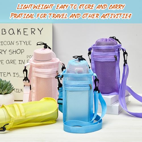 Berlune Water Bottle Holder with Strap Drawstring Water Bottle Carrier with Zipper Pocket Adjustable Shoulder Mesh Sling Bag for Hiking Walking Camping Travel - color: Macaron Color