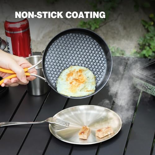 REDCAMP 2Pcs Nonstick Frying Pan Set, Stainless Steel Camping Skillet with Foldable Handle for Easy Storage, Lightweight Portable Cooking Pan for Egg Steak Outdoor Kitchen Backpacking