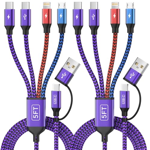 USB C/A Multi Charger Cable, 4 in 2 Charging Cords for Multiple Devices | 2 Pack 5FT Multi Charger Cable with 2 Type-C, IP, Micro USB Cable, Phone Charger Cord for iPhone 17-8, Android, iPad, Galaxy - color: Black_Purple