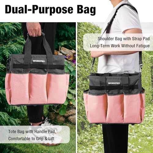 WORKPRO Garden Tool Bag, 10 Pockets and Shoulder Strap, Pink | Heavy Duty Gardening Organizer Tote Bag Standable Garden Home Tool Kits Organizer (Tools are not Included) - color: Pink