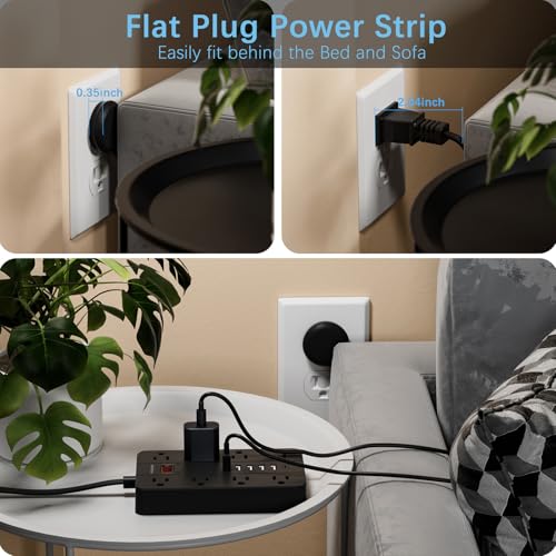 Power Strip with USB Ports, HUNIAN 5Ft Flat Plug Extension Cord, Black | 8 Widely Spaced Outlets 6 USB (1 USB C Port), Wall Mount Charging Station for Home and Office - color: Black, size: 5FT