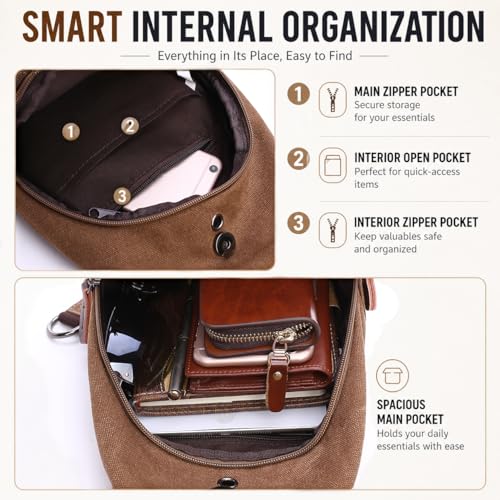 Canvas Sling Bag for Men Crossbody Chest Bag Casual Daypack Rucksack Small Crossbody Backpack with Adjustable Strap - color: Coffee