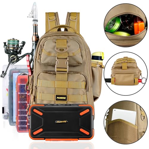 PLUSINNO Fishing Backpack Tackle Bag, Water-Resistant Backpack with Rod Holder, Ideal Gifts for Men - color: Khaki Fishing Backpack With 2 Boxes (No Rod)