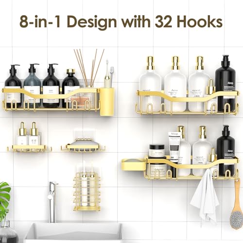 NESOMI Shower Caddy Adhesive Shower Organizer 8-Pack, Rustproof Stainless Steel Bathroom Shelves, Large Capacity No-Drill Rack Storage Accessories with Soap Dish Toothbrush Holder Hooks - color: Gold, size: 8-Piece Set