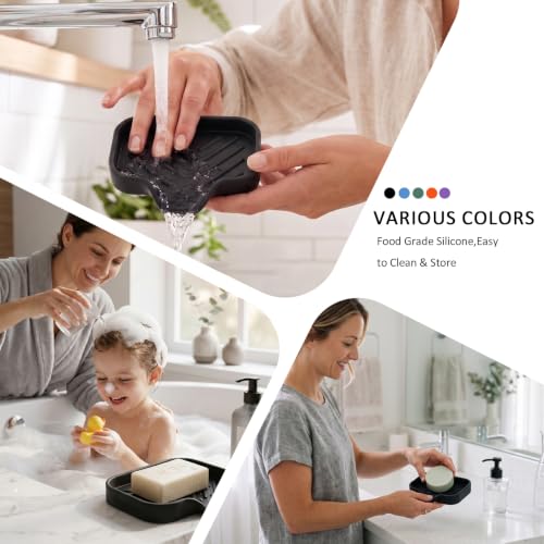 MicoYang Silicone Soap Dish with Drain Spout, Self-Draining Sink Organizer Tray for Bathroom and Kitchen, Sponges, Dispensers and Soap Holder, Non-Slip and Dishwasher Safe, Black (Compact, 4.9"×3.2") - color: Black, size: S(4.9"×3.2")