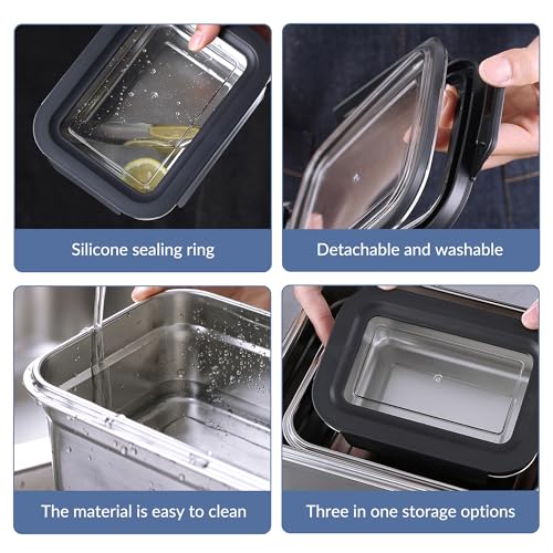 3Pcs 304 Stainless Steel Food Storage Containers with Lids, Nestable & Stackable, Leak-Proof Silicone Seal, 2500ML+1100ML+450ML, Dishwasher Safe, Straight Edge Black, Reusable Lunch Boxes for Meal Pre
