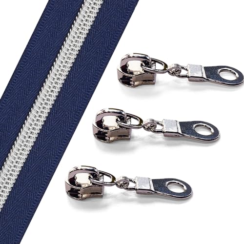 Sawoake Nylon Coil Zipper 10 Yards Bulk, #5 NavyBlue with Silver Teeth, Includes 10PCS Sliders for DIY Sewing, Crafts, Bags, Apparel Repair (#5 Silver NavyBlue) - color: Silver Navy Blue