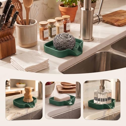 MicoYang Silicone Soap Dish with Drain Spout, Self-Draining Sink Organizer Tray for Bathroom and Kitchen, Sponges, Dispensers and Soap Holder, Non-Slip and Dishwasher Safe, Green (Compact, 4.9"×3.2") - color: Green, size: S(4.9"×3.2")
