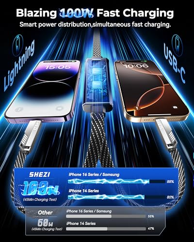 SHEZI Multi USB C Cable 4-in-1 100W Charging Cable [Fast Charging & Data Sync] Flat Nylon Braided Multiple Charger Cord with Lightning/Type C/USB A Ports for iPhone Samsung-5ft - style: 4-in-1[A/C to L&C]