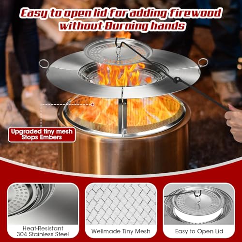 Heat Deflector for Solo Stove Bonfire 19.5",Fire Pit Heat Deflector with Mesh Spark Screen&2 Pokers,304 Stainless Steel 2 in 1 Heat Diffuser for Solo Stove Bonfire Accessories Camping Capture Warmth