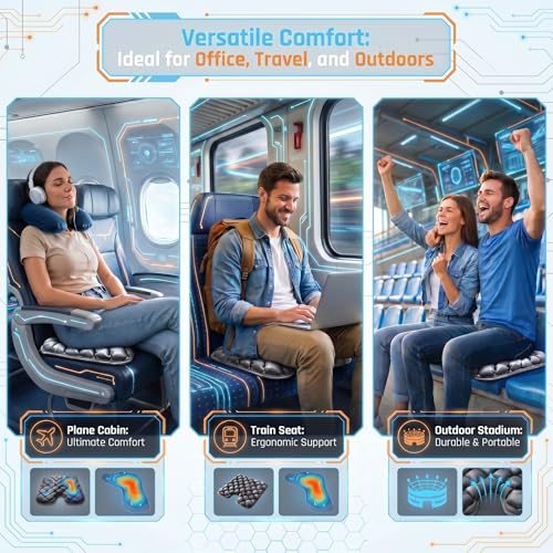 Inflatable Seat Cushion for Long Sitting, 54 High-Low Air Cell Travel Seat Cushion for Airplane, Office Chair, Car & Wheelchair, Adjustable Firmness Pressure Relief Seat Pad, 16.5" x 15.8" - color: Grey