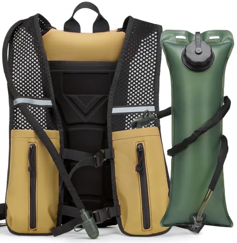 Running Hydration Pack Vest Lightweight with 3L Water Bladder Backpack Bag BPA Free for Hiking Marathon Cycling - color: Tan Brown Khaki