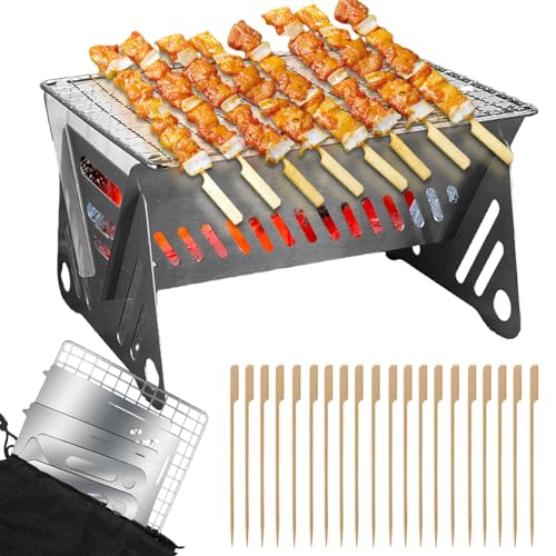 Outdoor Stainless Steel Camping Grill Folding Barbecue Grills Mini Portable Camping Grill with Bamboo chopsticks/Storage bag, Small Assemblable Removable BBQ Grill Tabletop Fire Pit for Camping Patio