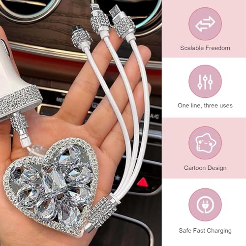 Multi Charging Cable, 3 in 1 Multi Charger Cable with Type-C/Lightning/Micro USB Connectors, Rhinestone Retractable Car Charger Cord, Universal for Most Phones, Tablets (White) - color: White