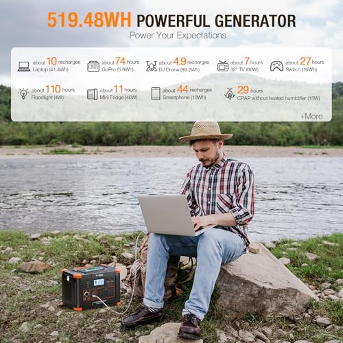 Portable Power Station 500W(Peak 1000W), 519Wh Outdoor Solar Generator - color: Grey