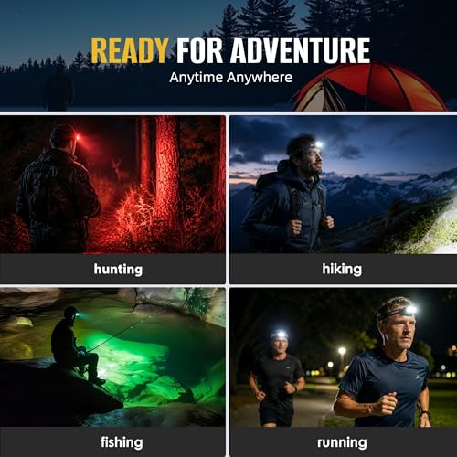 HOKOILN 3-Pack 1300LM LED Headlamp Rechargeable with Green & Red Light - color: Cool Black, size: 3 Packs