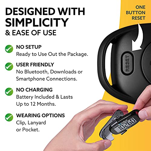 3DFitBud Simple Step Counter Walking 3D Pedometer by 3DActive with Clip, Lanyard Accurate Step Tracker Large Display, Easy to Use for Kids Men Women Adult Seniors Daily Step Tracking - A420S - color: Black
