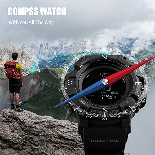 Watch Compass, Altimeter Barometer Thermometer Temperature, Pedometer, Military Army Waterproof Outdoors Sport Digital Watch for Men - color: Red