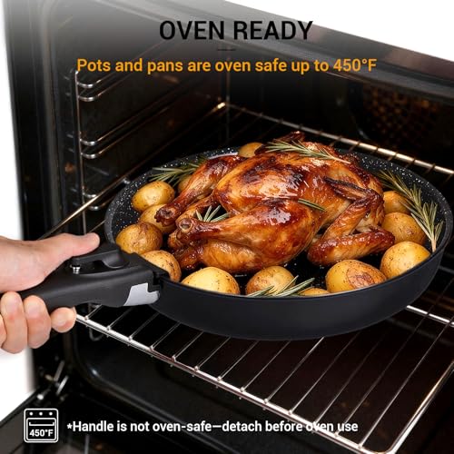 Ammeloo 21-Piece Ceramic Pots and Pans Set Non Stick with Detachable Handles and Egg Frying Pan, Non-Toxic Cookware, Induction Ready, Oven Safe, Stackable for Storage, Black Speckled - color: Egg Pan Set