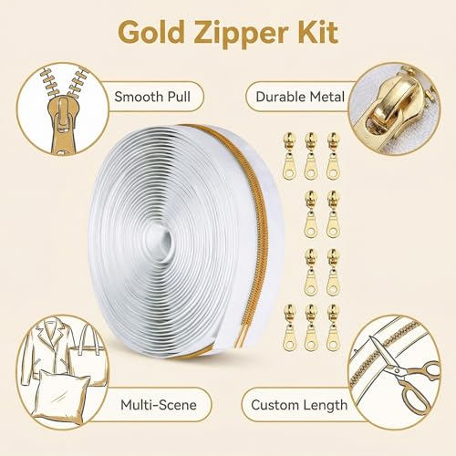 Sawoake 10 Yards Bulk Zipper(#5) Gold Teeth with White Nylon Coil Zipper By The Yards,Can Replace 10PCS Sliders - color: Gold-White-1