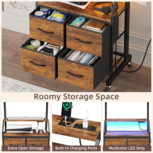 GYIIYUO Rolling TV Stand with Mount & 4 Fabric Drawers for 32-75 inch TVs | Holds up to 145 lbs with lockable rolling wheels, built-in 2 AC outlets and USB charging, great for apartments and bedrooms - color: Rustic Brown