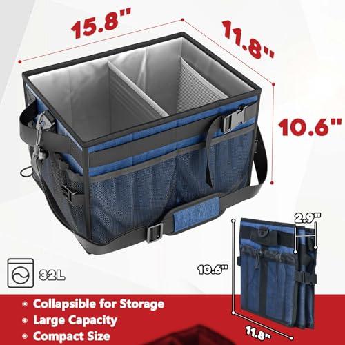 FANGSUN Grill Caddy, Foldable BBQ Caddy with Paper Towel Holder, Blue | 11 Compartments, Easy-Clean Aluminum Interior, 1680D Oxford Fabric, Water-Resistant, Shoulder Strap Included, Tailgating - style: Navy