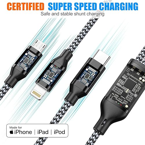 Multi Charging Cable 2ft 2Pack 3 in 1 Charger Cord, Short Multiple Cable | Nylon Braided Cable USB Charging Cable Multi Phone Charger Cord with Type C Micro Lightning for Apple iPhone17-5 Cell Phones - color: Black/Grey-2ft