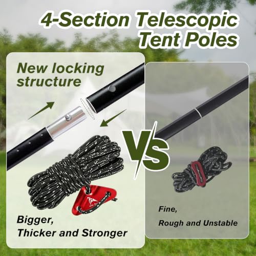Tent Poles for Tarp,Aluminum Alloy Tarp Poles with Pegs & Reflective Ropes | Adjustable 4-Section Canopy Poles Set, 78" x 0.86", Lightweight Telescoping Tarp Poles for Camping, Hiking, Backpacking