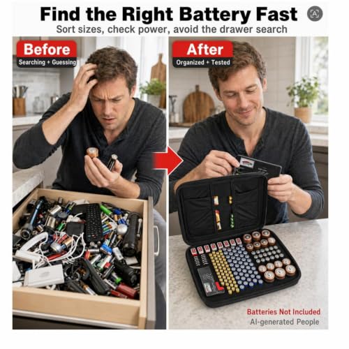 Comecase Battery Storage Case with Tester, Holds 148+ AA AAA C D 9V, Black - size: Large 148+Batteries
