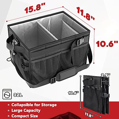 FANGSUN Grill Caddy, Foldable BBQ Caddy with Paper Towel Holder, Black | 11 Compartments, Easy-Clean Aluminum Interior, 1680D Oxford Fabric, Water-Resistant, Shoulder Strap Included, Tailgating - style: Black