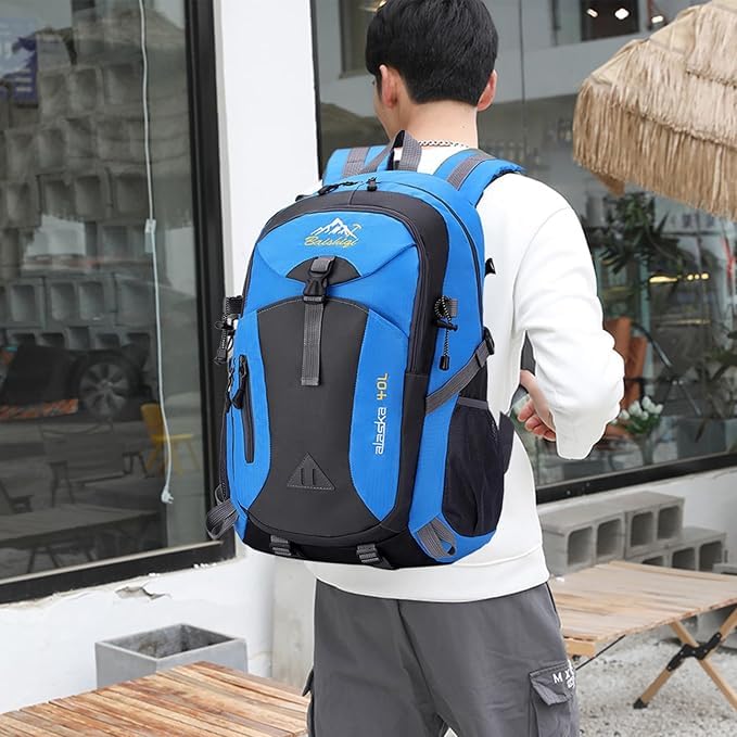 Men’s 40L Waterproof Hiking Backpack, Lightweight Foldable Daypack with Multi Pockets, Laptop Compartment, Breathable Polyester Rucksack for Outdoor Camping, Walking, Travel-Blue - color: Blue
