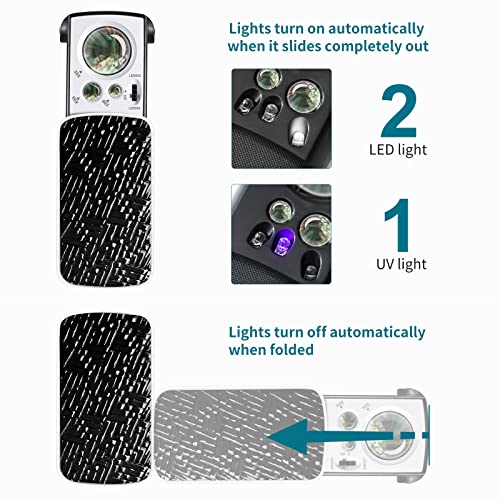 JARLINK 2 Pack 30X 60X 90X Illuminated Jewelers Loupe | Foldable Magnifier with LED & UV Light, for Gems, Diamonds, Coins and Stamps Identification - color: Black
