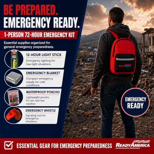 Ready America 70180 72 Hour Emergency Kit, 1-Person, 3-Day Backpack, Includes First Aid Kit, Survival Blanket, Emergency Food Portable Disaster Preparedness Go-Bag for Earthquake, Fire, Flood - size: 1 Person