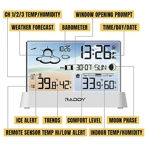 Raddy DT6 Wireless Weather Station, Atomic Clock Color Display | Indoor outdoor thermometer hygrometer, home weather forecast, barometric pressure