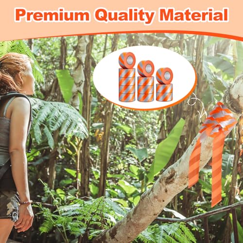 Pushglossy 12 Rolls 1.5" x 1800' Orange Flagging Tape with Silver Stripe | Non Adhesive, Reflective, Plastic Survey Ribbon Surveyor Caution Trail Marking Tape for Tree Mark Hunting Hiking Construction - size: 1.5"x 150'