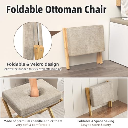 BAMBOOHOMIE Foldable Foot Stool Ottoman, Modern Foot Rest with Bamboo X Legs & Thick Foam Cushion, Folding Foot Stools Small Padded for Bedroom Living Room, Footstool for Chair Couch (Natural - Brown) - color: Natural - Brown
