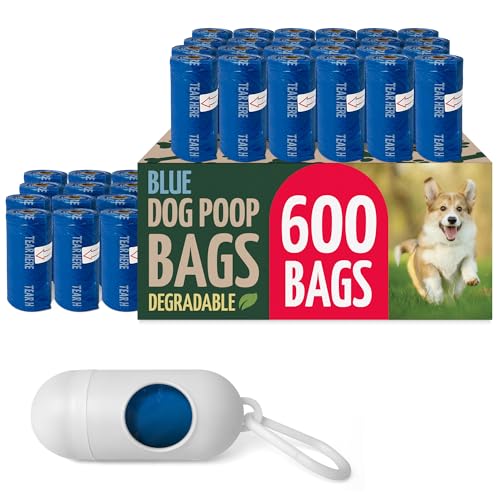 Reli. Biodegradable Dog Poop Bags Rolls (600 Pack, 40 Rolls) | Blue | Leash Clip Holder Included | 9"x13" Poop Bags for Dogs | Unscented, Leak Proof Oxobiodegradable Pet Waste Eco-Friendly