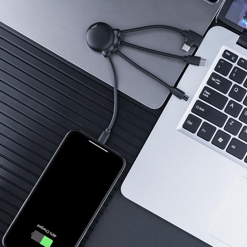 Xoopar 4-in-1 Multi USB Octopus Cable – Universal Charger with USB-C, Lightning & Micro USB – Made from Ocean Recycled Plastic – OBP Black | 4-in-1 ocean recycled plastic octopus: USB, USB-C, Lightning and Micro USB for all your devices - color: Black