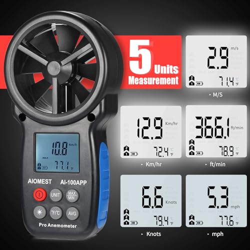 Anemometer Bluetooth 65MPH, AIOMEST HVAC Air Flow Wind Meter CFM AI-100APP | Data Logging, Handheld Wind Speed Gauge Measuring Air Velocity & Temp, BFT Scale, Anemometro for Airflow Balance, Drone, Golf - color: AI-100APP Bluetooth Anemometer