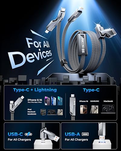 SHEZI Upgraded 6 in 1 Multi Charging Cable, 100W USB C to Lightning Cable [1G File Done in 20s] Fast Charging for iPhone/iPad, Flat Braided Multiple Charger Cord Combo L/Type C/USB A-5FT - style: Upgraded 6-in-1