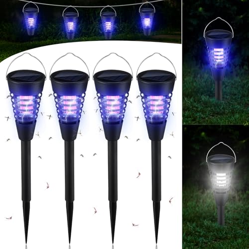 Qualirey 4 Pack Solar Bug Zapper & Mosquito Killer Outdoor Waterproof Cone-Shaped LED Light Mosquito Repellent for Patio, Garden, Yard, Camping - Hanging/Insertion Design (White & Purple Light) - color: White & Purple Light