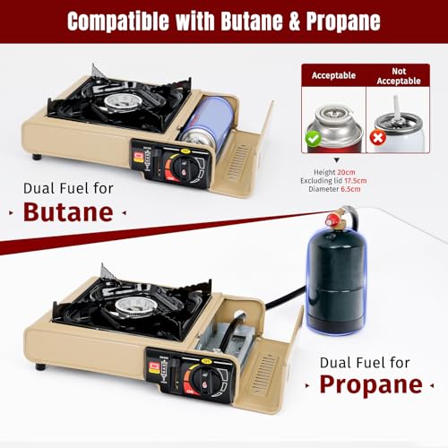SHINESTAR 7800 BTUs Portable Butane or Propane Camping Stove, Wind Guard | For Outdoor Cooking, Camping, Emergencies, BBQ, Hiking & Backpacking, Propane Adapter Hose, Guard & Carrying Case Included - color: Khaki - 7800 BTU Dual Fuel with Windscreen
