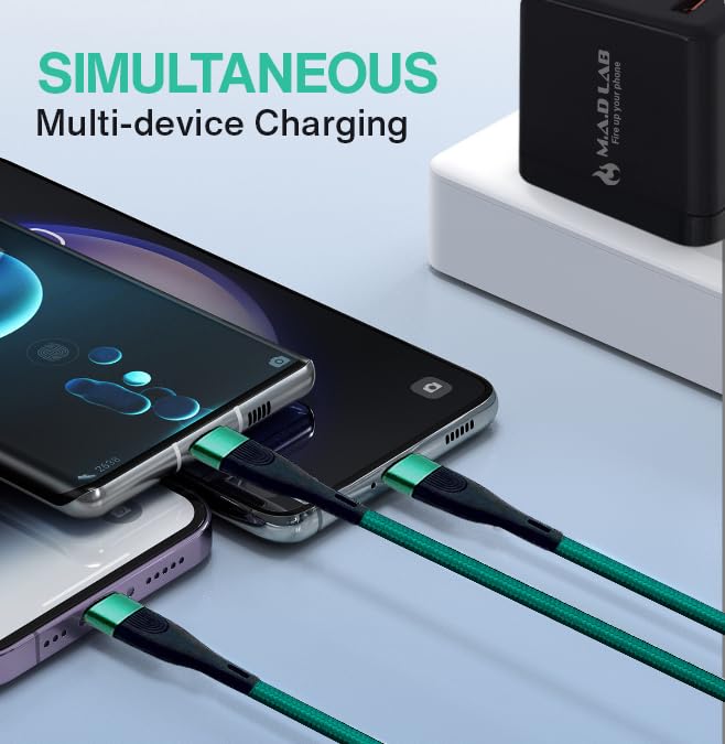 M.A.D LAB 100W USB-C Multi Charging Cable, 3-in-1 Nylon Braided, 4.3 ft | Multi charger cable: USB-C, Lightning and Micro-USB tips; up to 100W fast charge and 480Mbps data via USB-C connector only