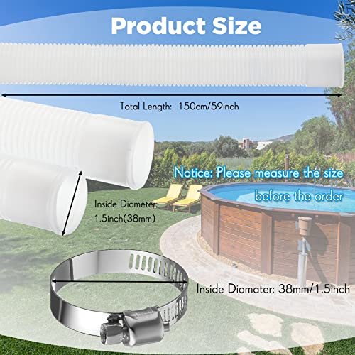 Upgrade 2 Pcs 1.5'' Diameter 59'' Length Swimming Pool Filter Hose with 4 Clamps 2 pcs 1.25 to 1.5 Type B Adapter 2 Replacement Hose Adapter W/collar for Pumps Above Ground Pools(White) - color: White