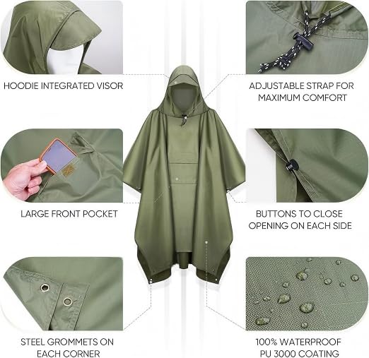 Extra Thick Waterproof Hooded Rain Poncho for Adults Lightweight Raincoat Jacket with Pocket for Hiking Camping Emergency - color: Green